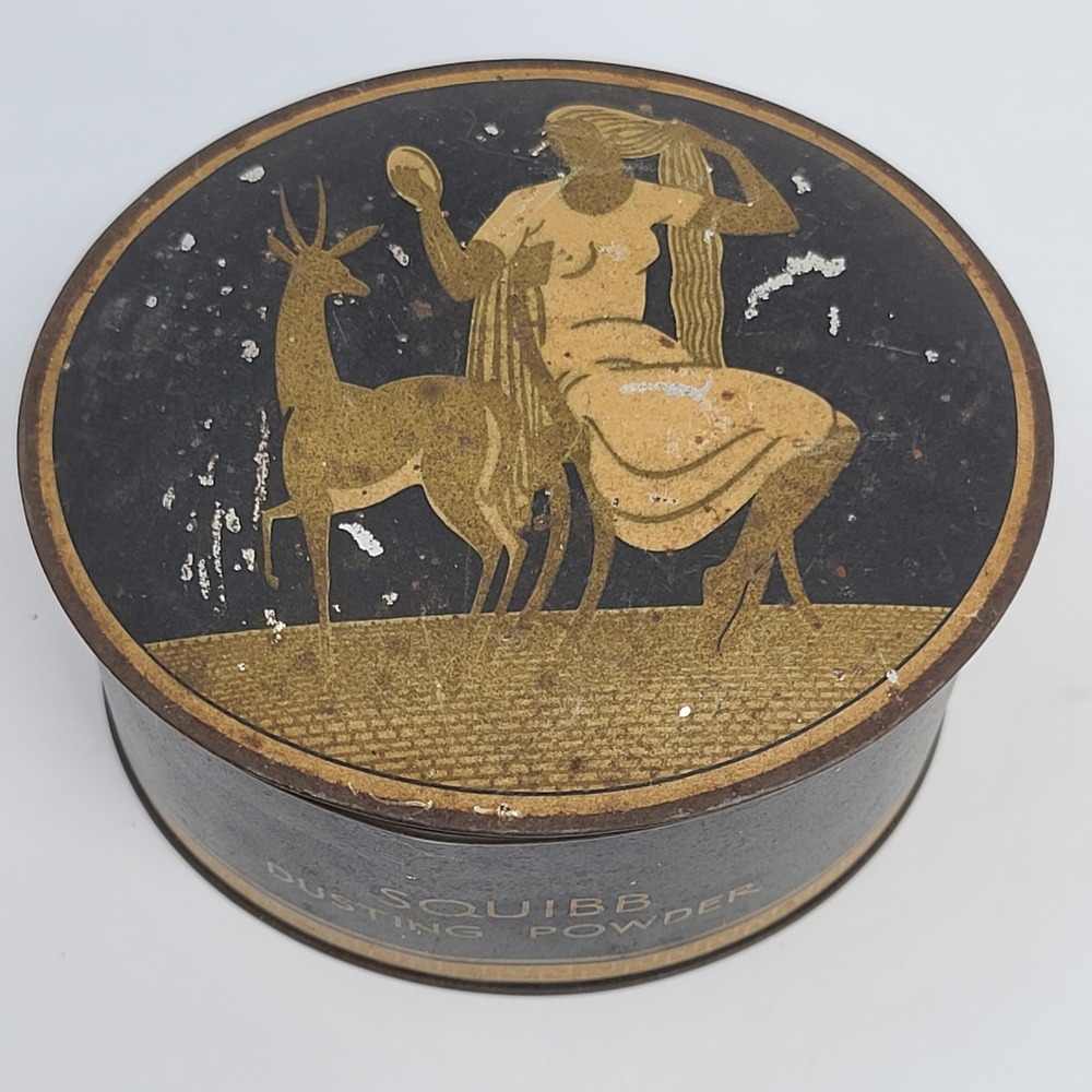 Squibb Dusting Powder Tin Vintage Art Deco Gazelle Woman Black Gold 8oz Good